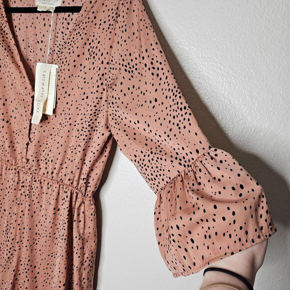 Saltwater Luxe L Pink Animal Print Spotted Jumpsuit Flare Sleeve Wide Leg Boho - Picture 2 of 6